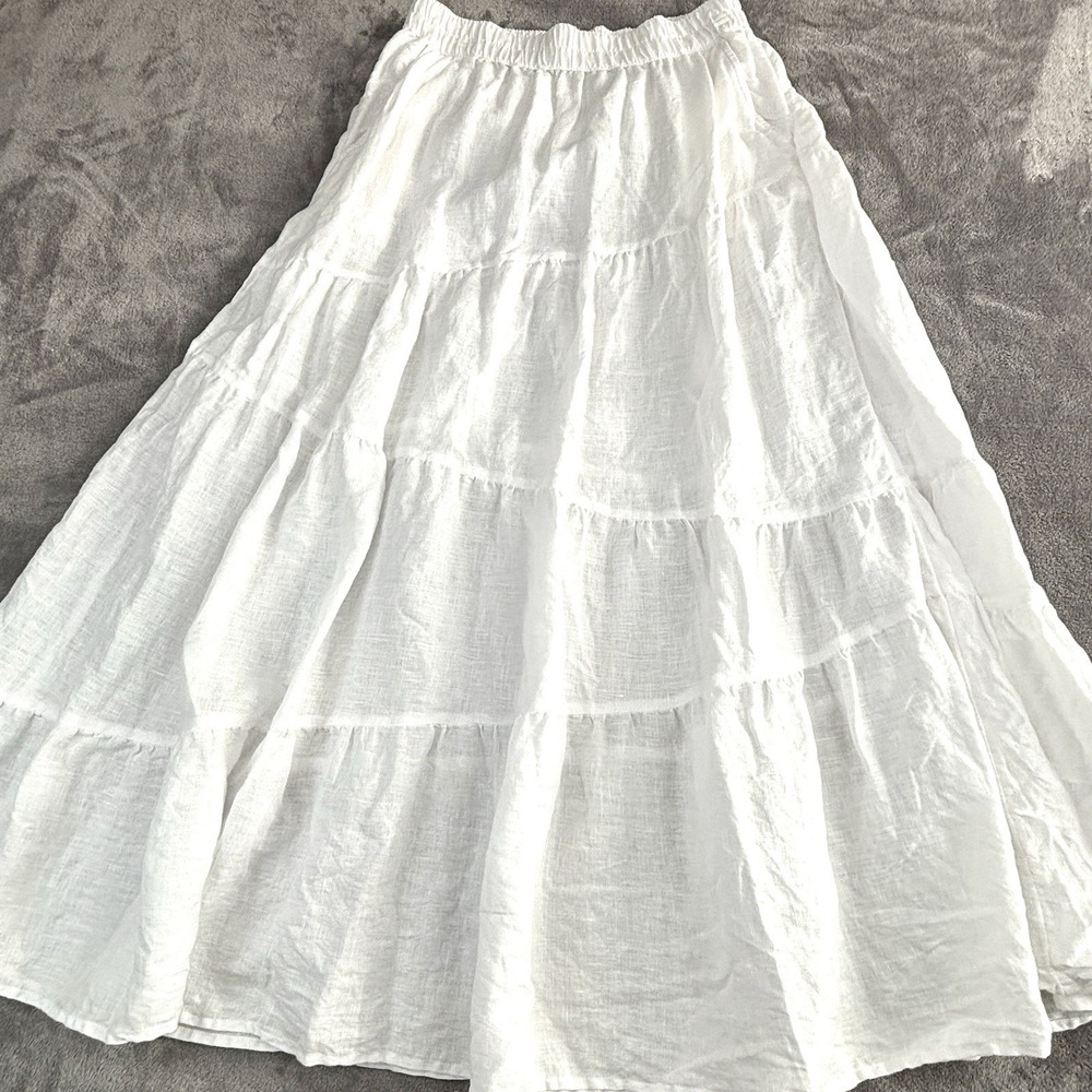 Rachel Zoe White 100% Linen Tiered Maxi Skirt Elastic Waist Pockets M - Picture 2 of 8